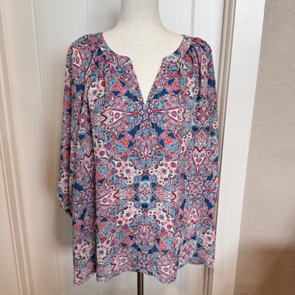 Rose + Olive Boho Paisley Puff Sleeve Blouse Women’s 2X Multicolor Peasant Top